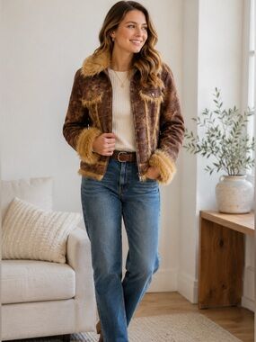 Daniel Benjamin Faux Fur Trim Moto Jacket Y2K Statement Coat | Women’s Large